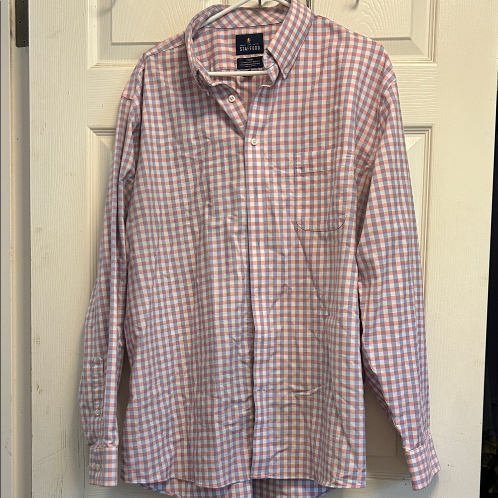 Stafford Men's Casual Pink and White Plaid Shirt
